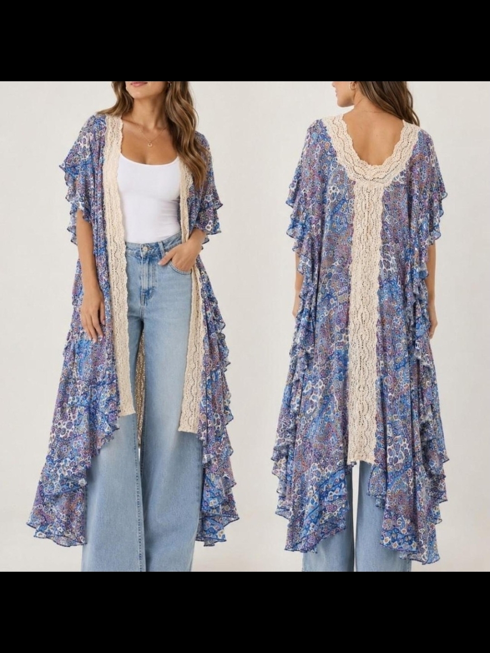 Blue Floral Lace-Trim Duster Kimono